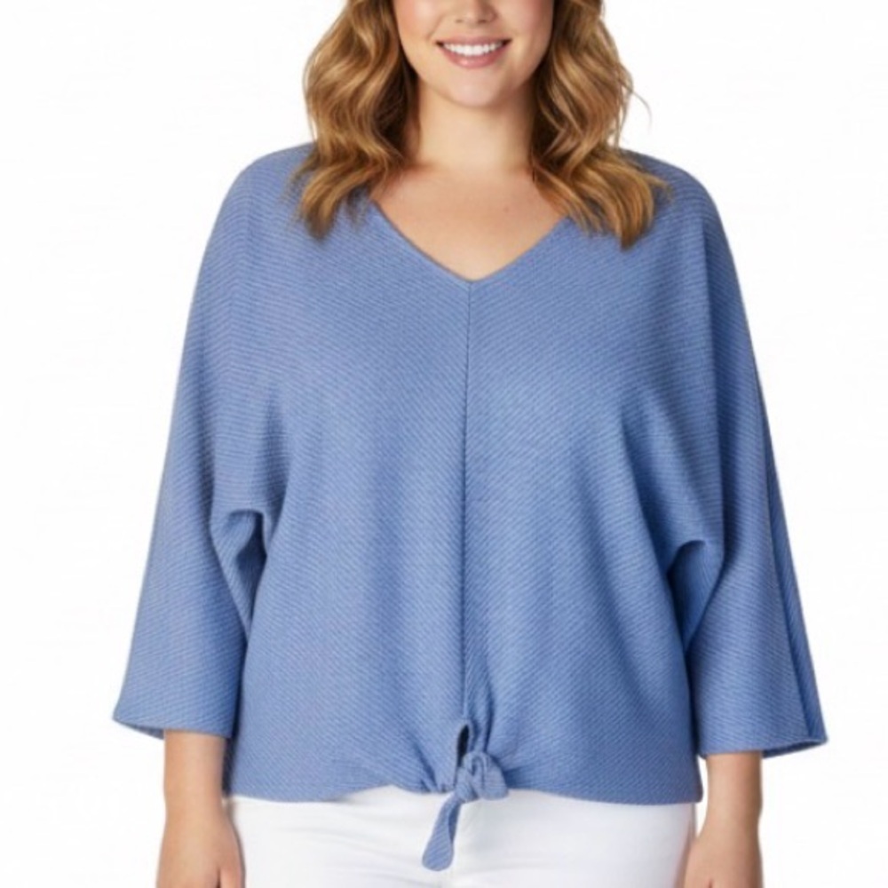 Ruby Road 2X Blue Ribbed V-Neck Top 3/4 Raglan Sleeve‎ Tie Front Knit Blouse